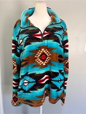 Trail Crest Plush Aztec Quarter-Zip Pullover Jacket Turquoise Brown w pockets